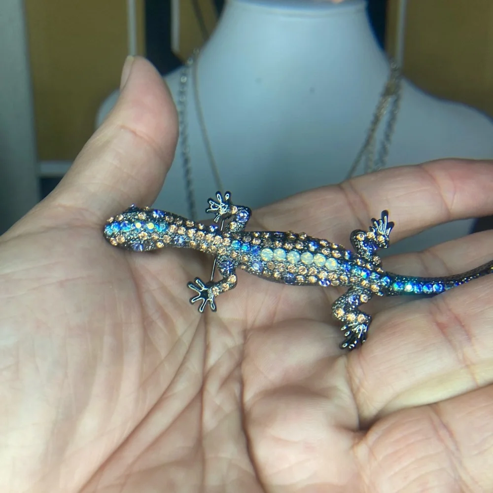 Crystal Lizard Brooch Pin - Blue and Gold Rhinestones